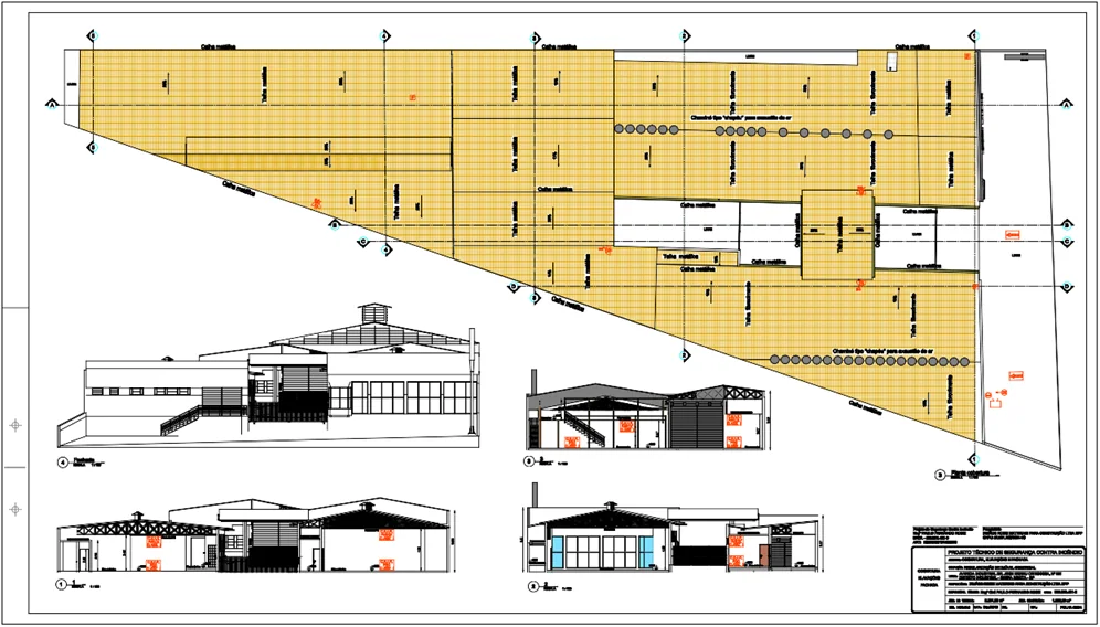 Prancha de PPCI com planta de cobertura e elevações da edificação
